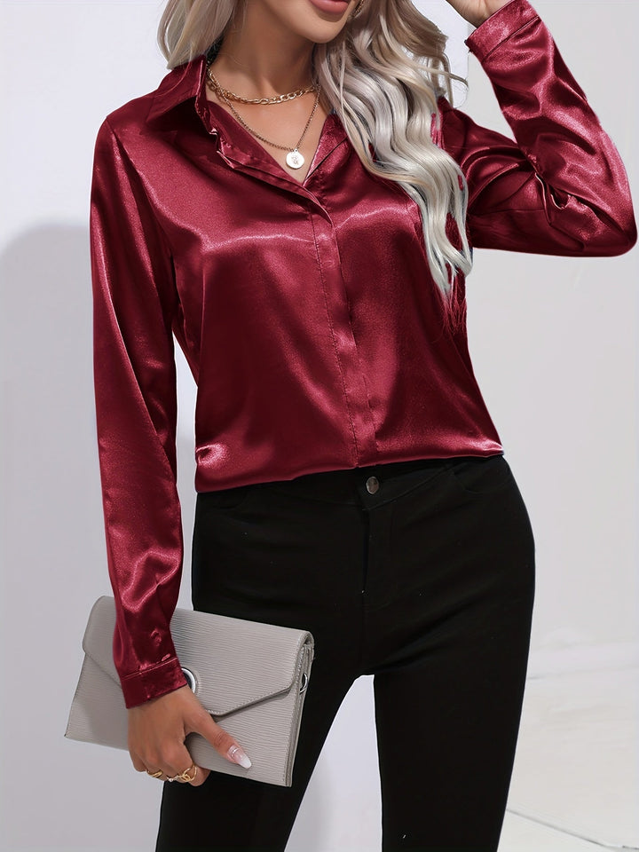 Levoire | Confiant De La Forme Chemise En Satin À Manches Longues Avec Boutons Rouge foncé