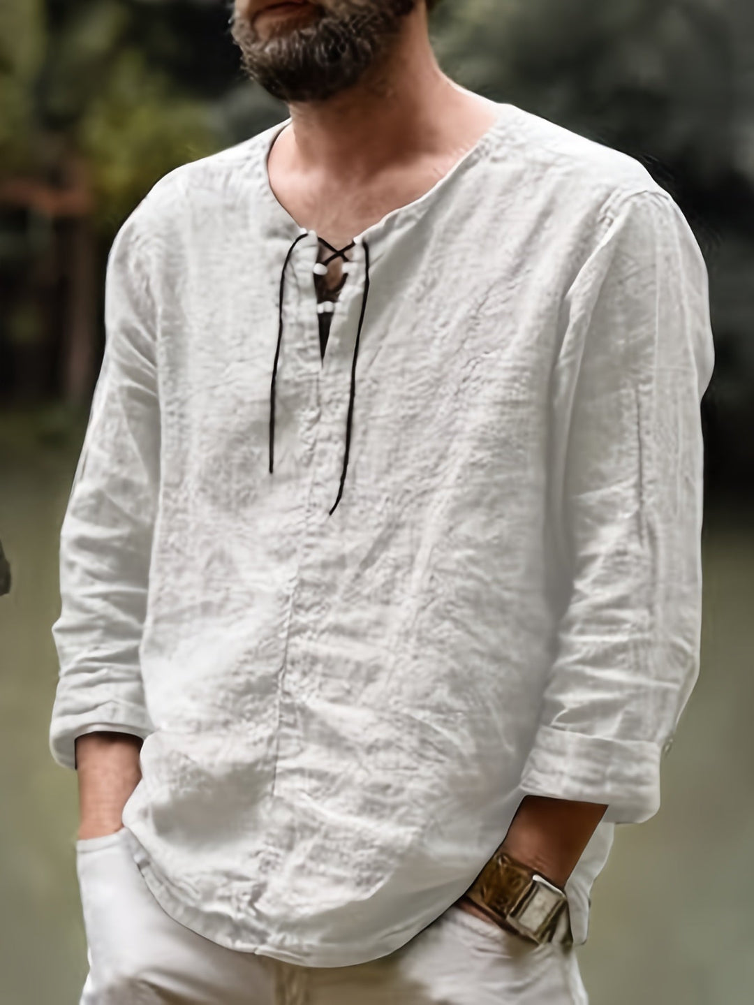 Levoire | T-Shirt Henley À Manches Longues En Mélange Coton-Lin Printemps/Automne Couleur kaki