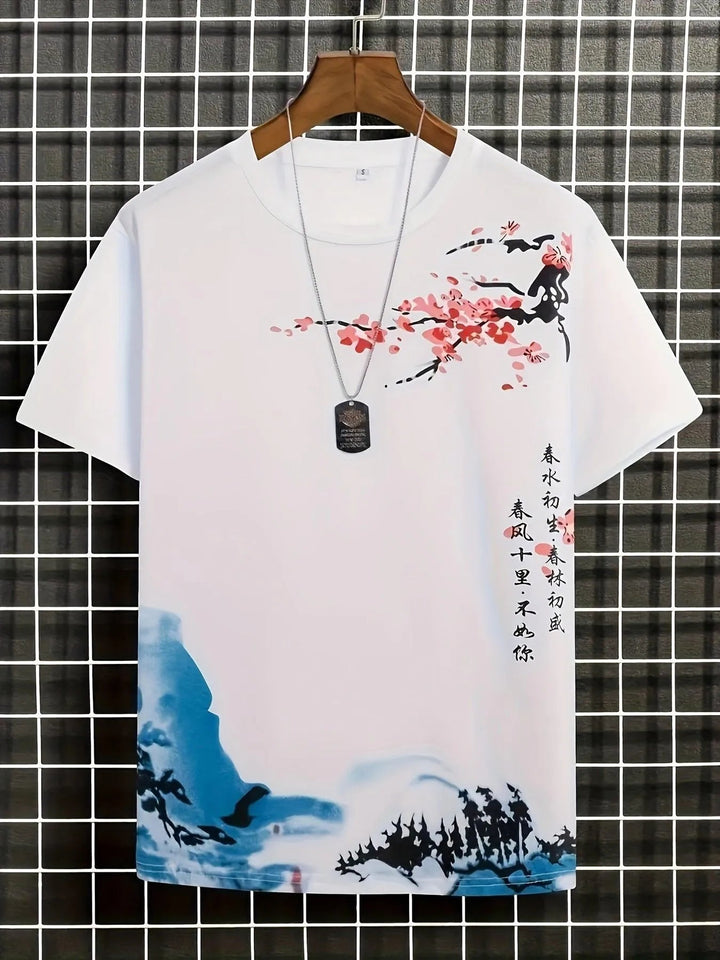 Levoire | T-Shirt Homme Design Fleurs Et Vagues Blanc