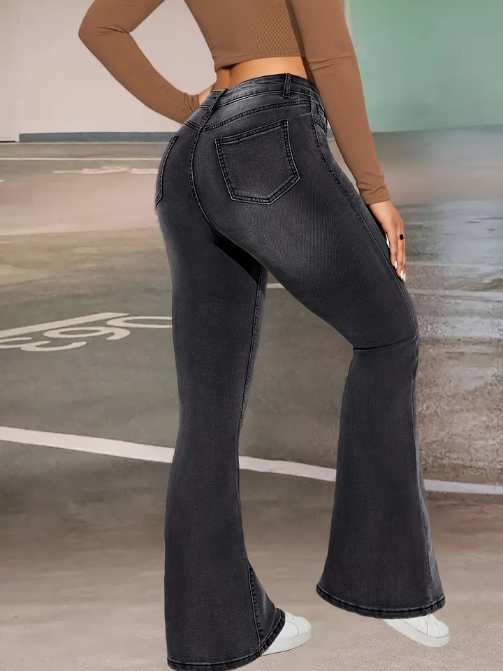 Levoire | Pantalons En Denim Évasés Stretch Noirs Et Gris Élégants Avec Détails De Boutonnage