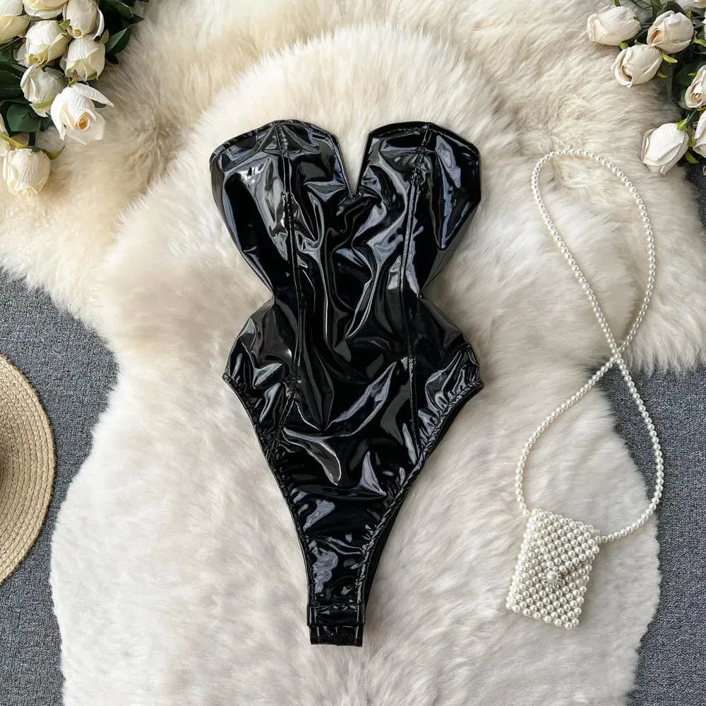 Levoire | Body Femme en cuir PU avec décolleté en V Noir