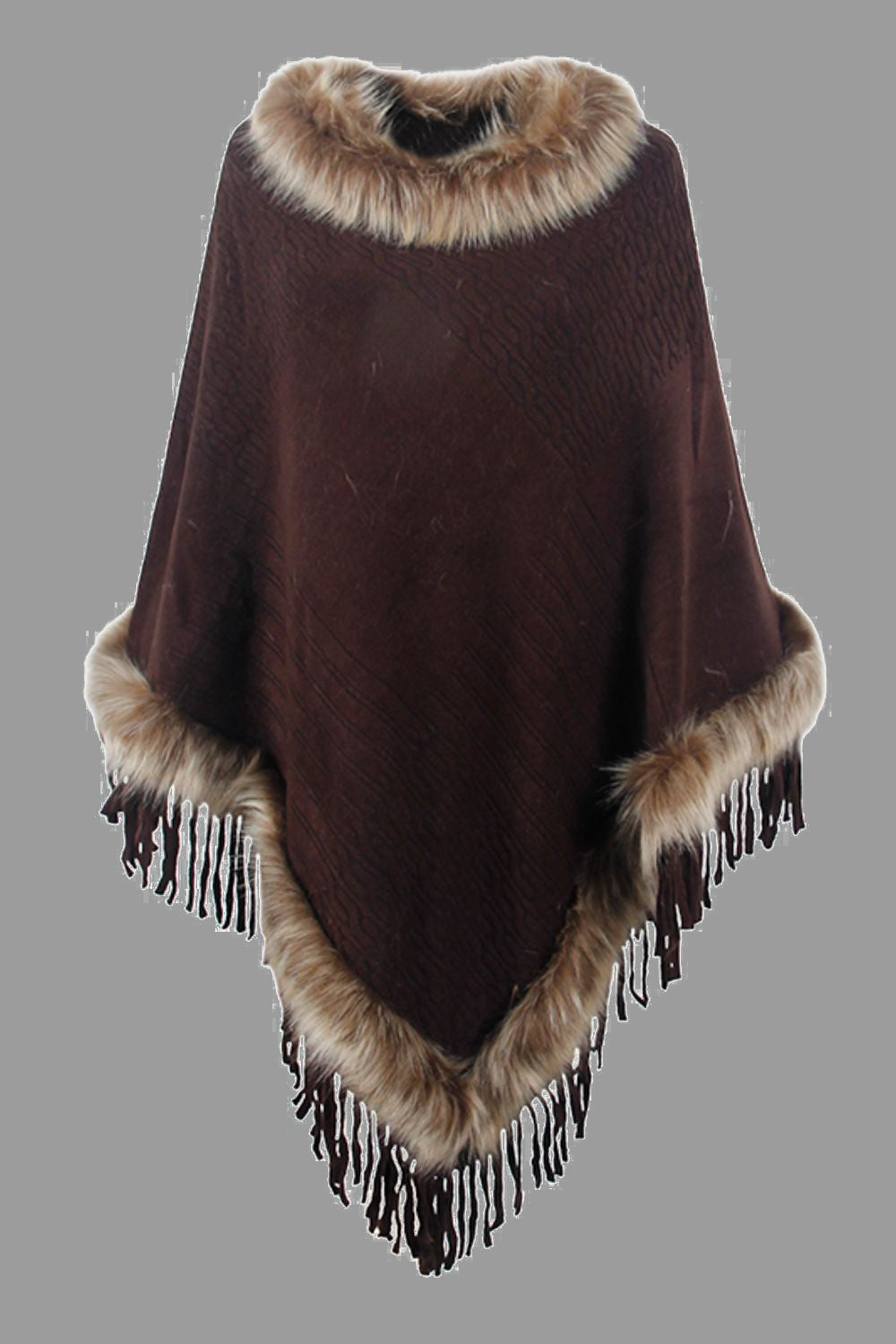 Levoire | Poncho De Luxe Avec Des Feuilles Et Col En Fausse Fourrure Marron foncé Une taille