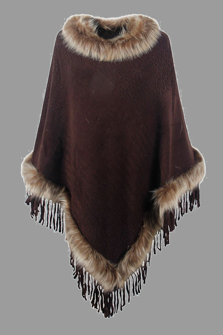 Levoire | Poncho De Luxe Avec Des Feuilles Et Col En Fausse Fourrure Marron foncé Une taille