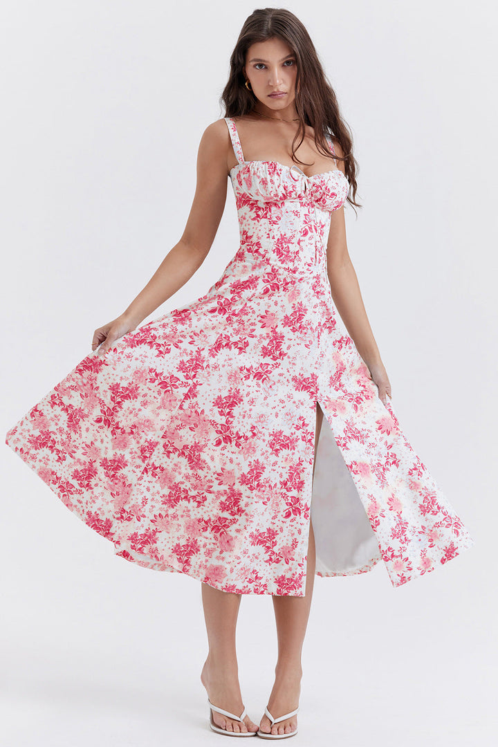 Levoire | Robe fleurie à bretelles pour femmes intemporelle Style de fleurs blanches et rouges