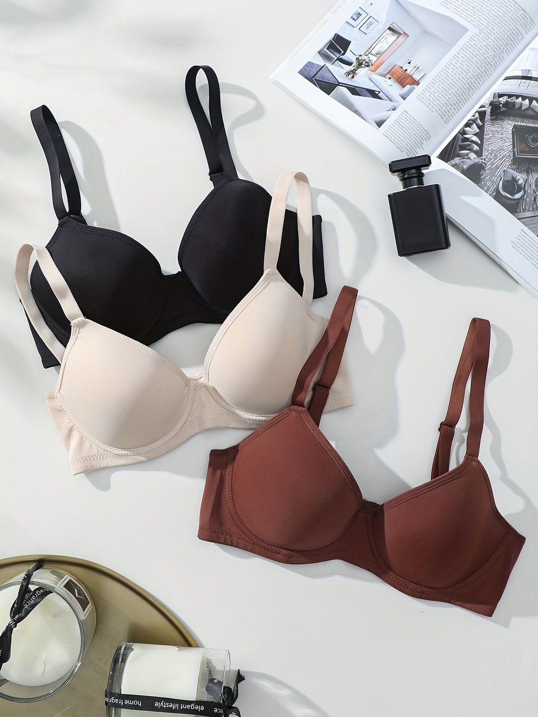 Levoire | Soutenu 3 Pièces Sans Couture Anti-Rejet Push Up Soutien-Gorge Noir + Couleur chair + Marron moyen