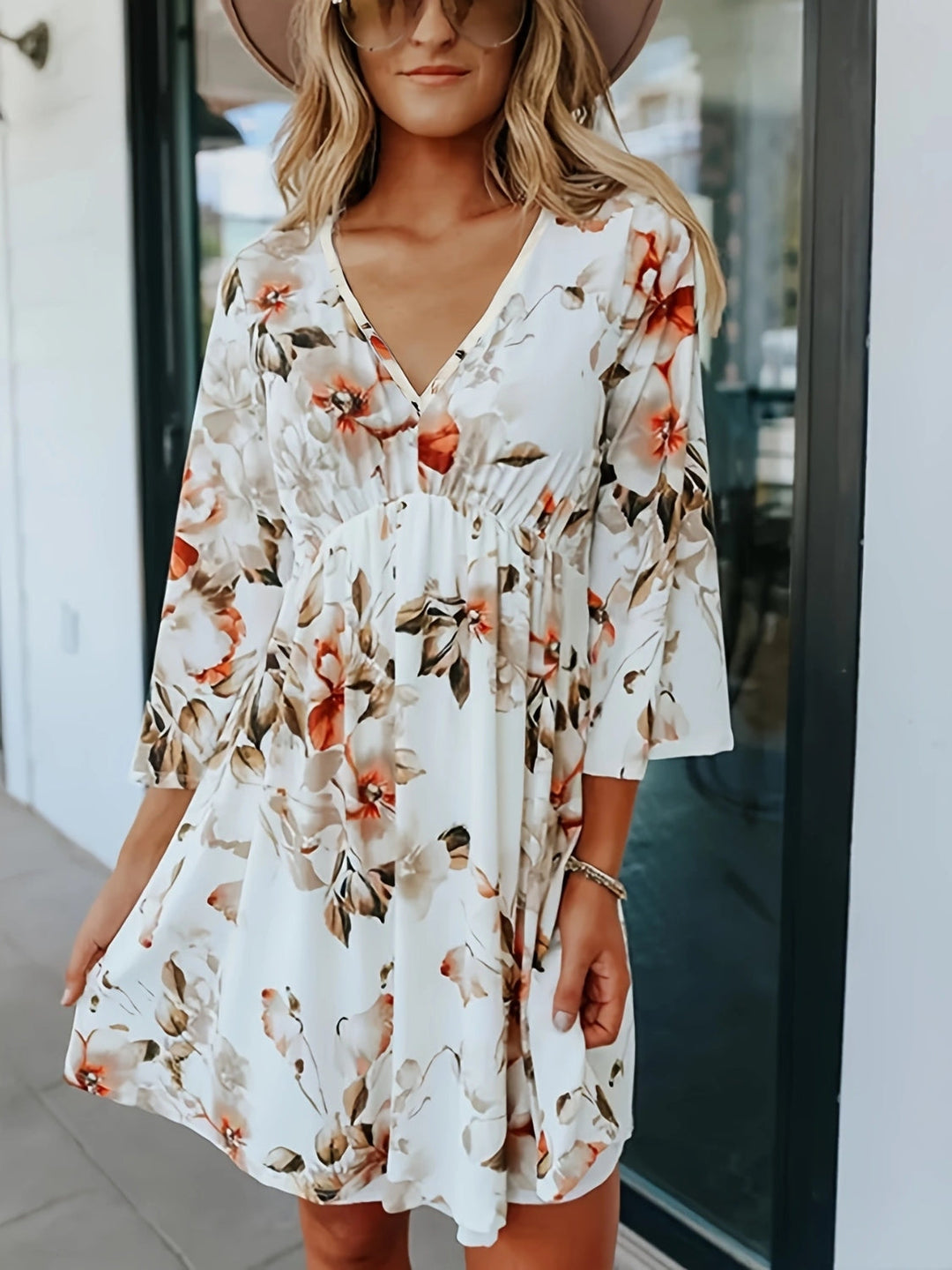 Levoire | Fleurs V Décolleté À Trois Quarts Manches Robe Mini Fleurs-
