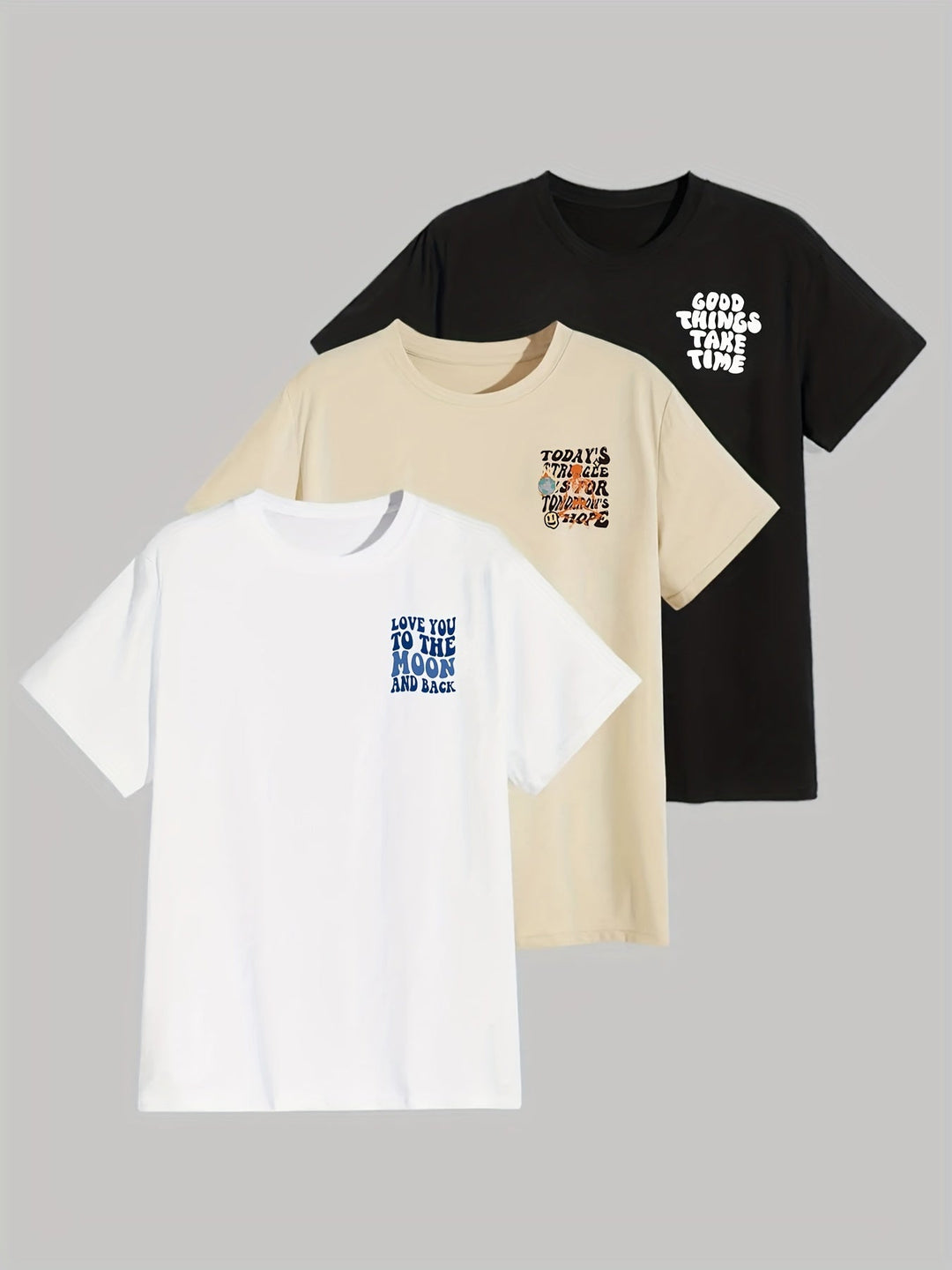 Levoire | 3 T-Shirts Pour Hommes Avec Lettres, Manches Courtes, Col Rond