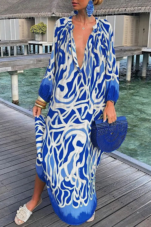 Levoire | Robe Chemise À Imprimé Abstrait Avec Patte De Boutonnage Bleu