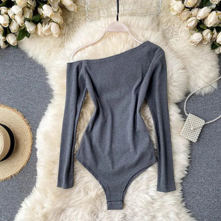 Levoire | Body à manches longues sans épaules avec motif diagonal pour femmes Gris foncé Une taille