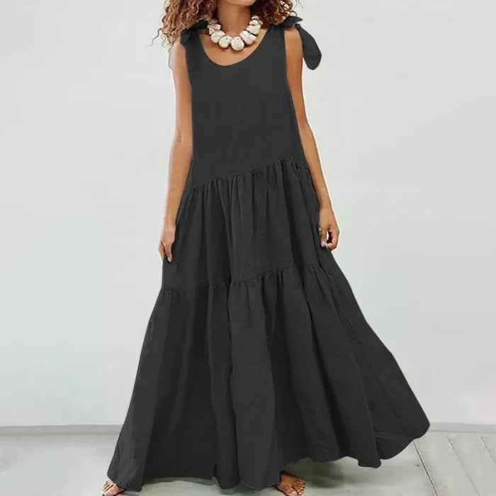 Levoire | Robe longue à volants décontractée avec gilet à lacets de couleur unie Noir