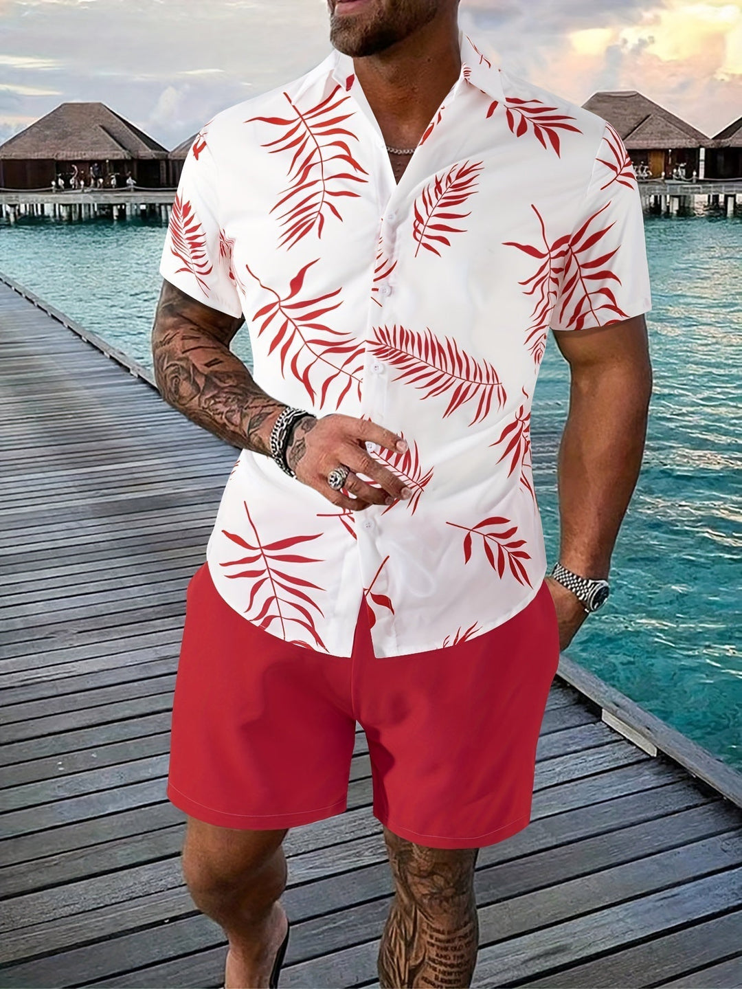 Levoire | Chemise Et Short Ensemble D'Été Pour Hommes Rot