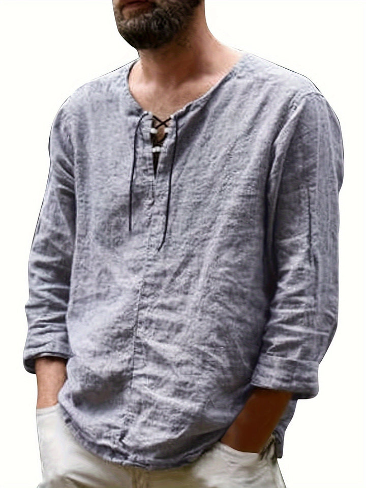 Levoire | T-Shirt Henley À Manches Longues En Mélange Coton-Lin Printemps/Automne