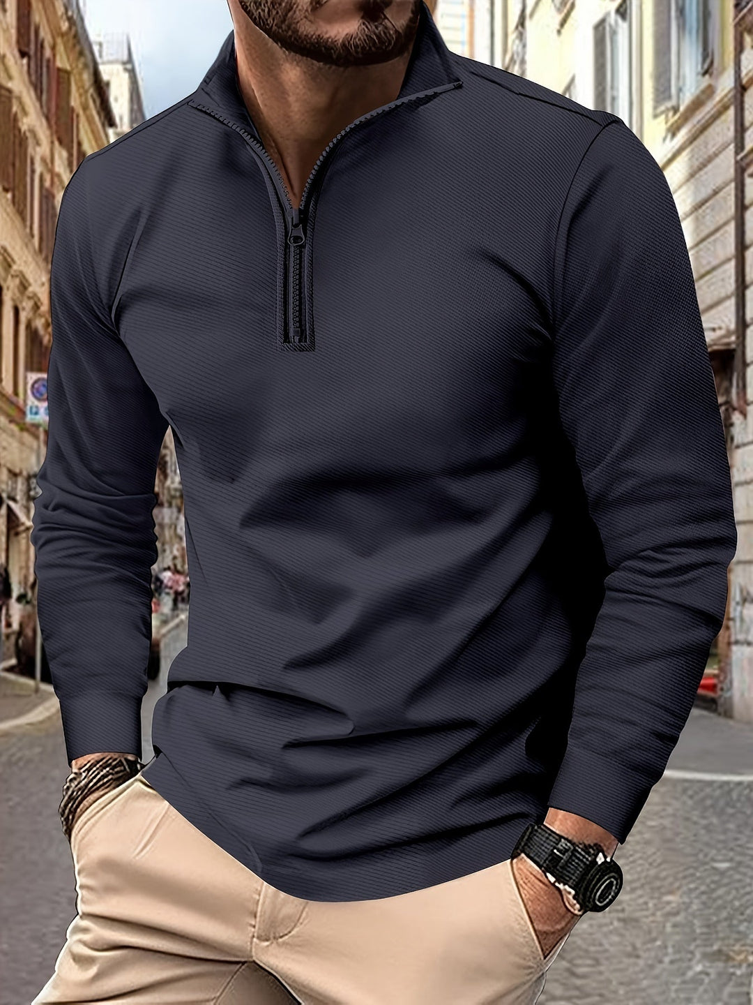 Levoire | T-Shirt Uni Pour Homme À Manches Longues Et Col Zippé