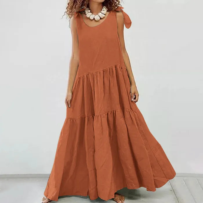 Levoire | Robe longue à volants décontractée avec gilet à lacets de couleur unie Orange