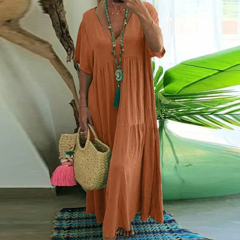 Levoire | Robe longue décontractée à manches courtes pour femmes Orange