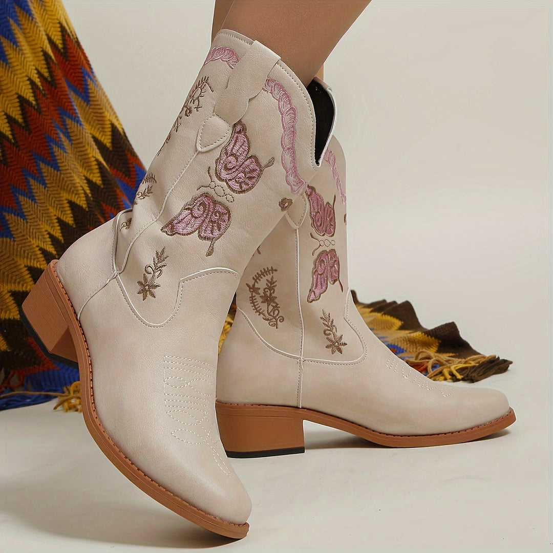 Levoire | Bottes Cowboy À Motifs De Papillons Pour Femmes Beige