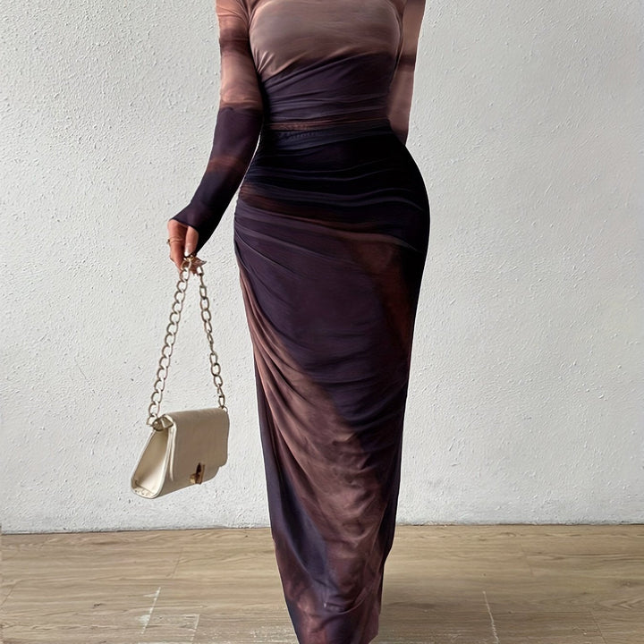 Levoire | Robe Avec Motif Batik Et Encolure Ronde, Élégante Robe Maxi Ajustée Avec Manches Longues Pour Le Printemps Et L'Automne, Vêtements Pour Femmes Couleur mixte