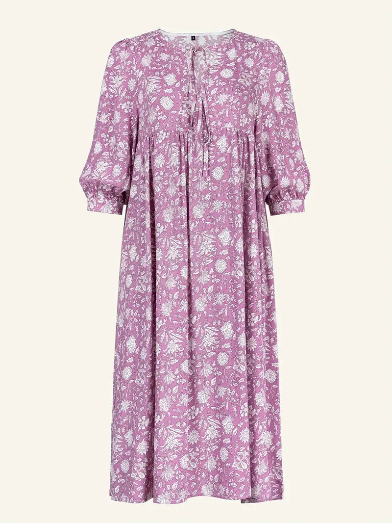 Levoire | Robe Maxi Boho Décontractée Avec Noeuds Décolleté En V Et Manches Courtes Pâte de haricots rouges + blanc