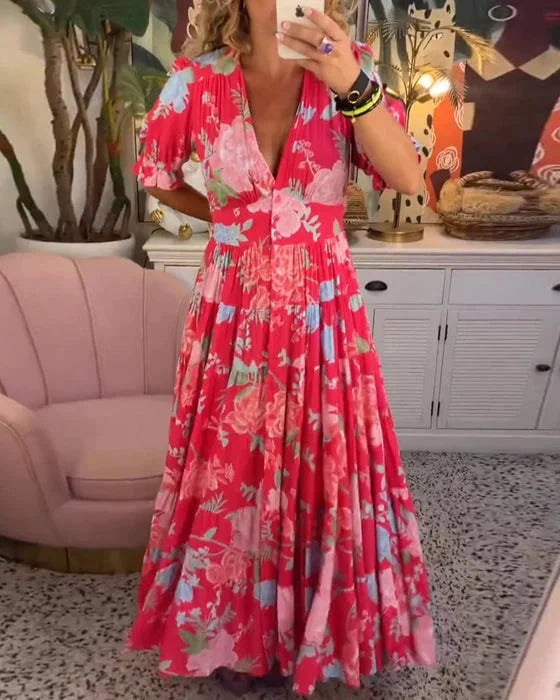 Levoire | Robe à col en V avec imprimé floral Rouge