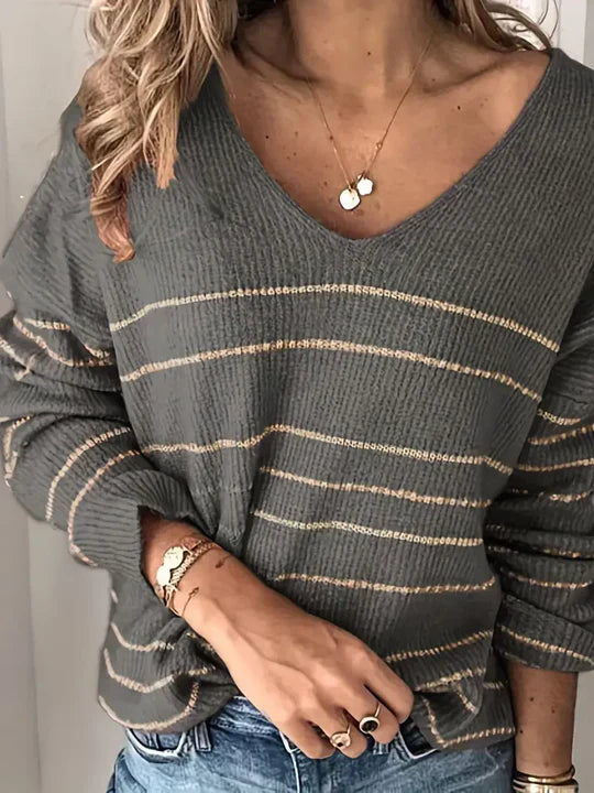 Levoire | Pull Rayé À Col En V Pour Femmes Élégantes Gris