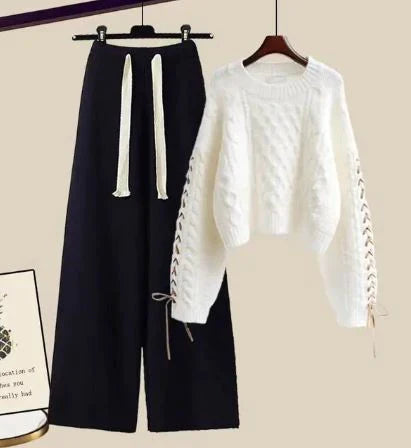 Levoire | Ensemble de pull Ensemble de pantalons noirs et de pull en laine blanc