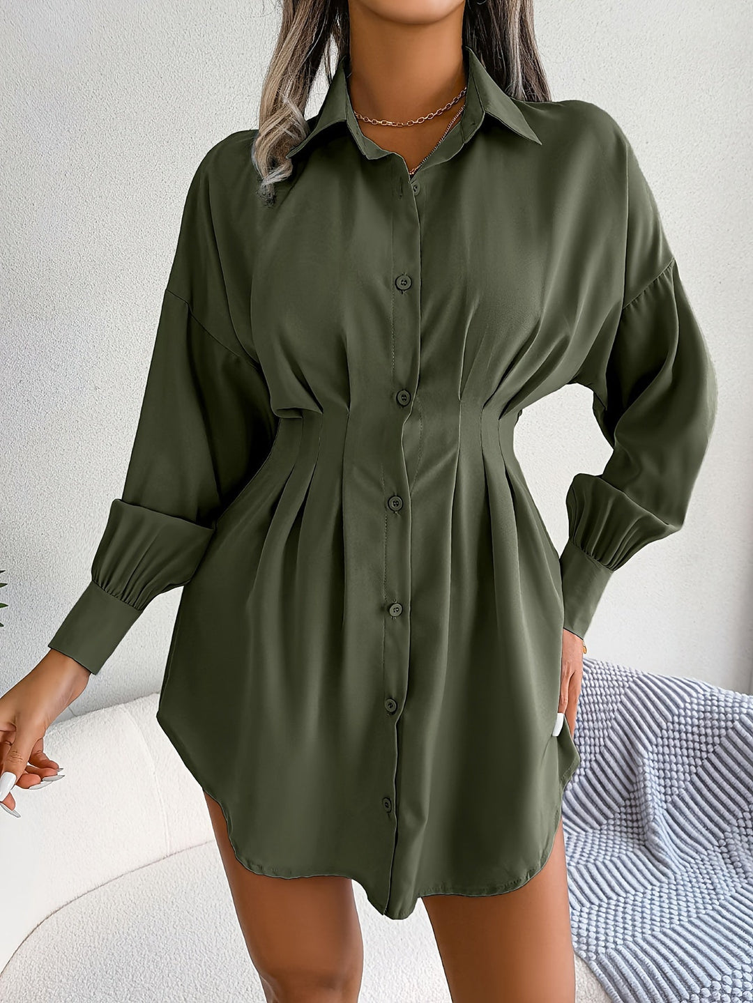Levoire | Robe Tunique, Avec Taille Froncée Et Manches Lanternes Olive vert 1