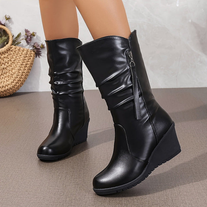 Levoire | Bottes Confortables Mi-Mollet Avec Un Talon Et Des Franges Noir