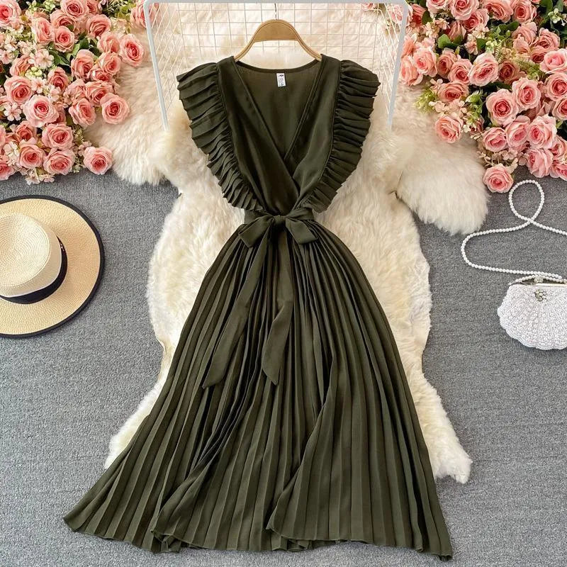 Levoire | Robe plissée à décolleté en V Vert foncé Une taille