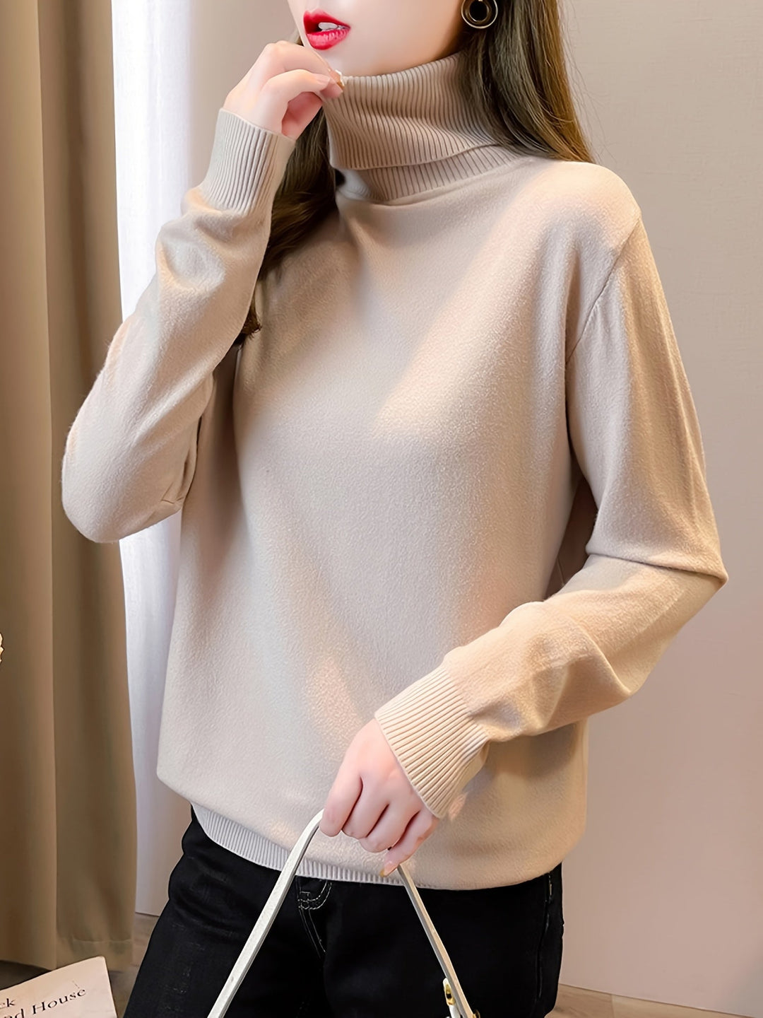 Levoire | Simple Tricot Col Montant À Manches Longues Couleur rose