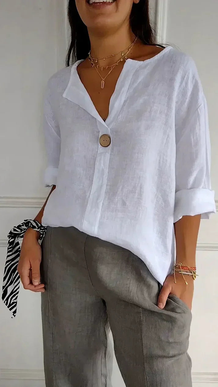 Levoire | Haut Confortable Avec Col En V En Coton Et Lin Blanc