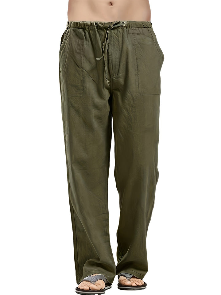 Levoire | Pantalons Pour Hommes En Mélange De Coton Et De Lin Avec Une Taille Élastique Décontractée vert olive 1