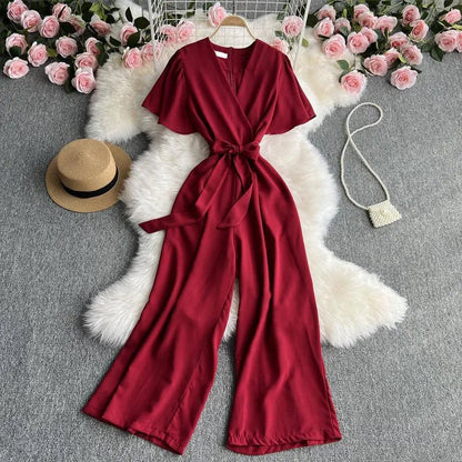 Levoire | Retro Temperament Combinaison à Manches Courtes Col en V Rot Une taille