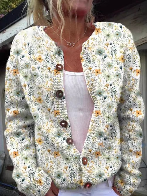 Levoire | Veste Tricotée À Manches Longues Avec Motif Fleuri Et Bouton Vert