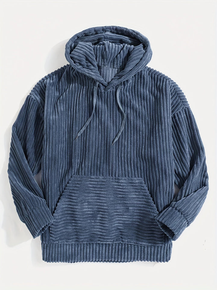 Levoire | Sweat À Capuche En Corduroy Vintage Pour Hommes Avec Col Haut Et Poche Kangourou Bleu
