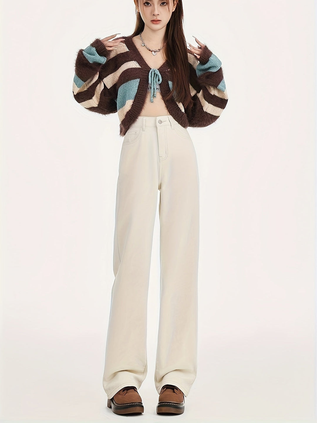 Levoire | Élégant Taille Haute Beige Clair Pantalons Larges