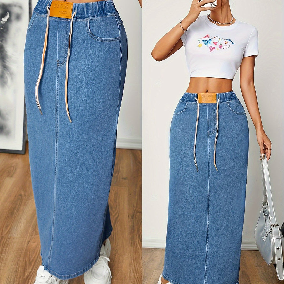 Levoire | Pestitty Bleu Jupe Maxi Dénim A Taille Élastique Et Fente Au Dos