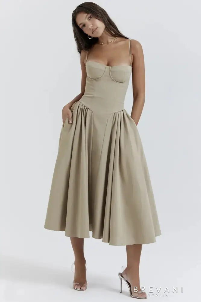 Levoire | Robe Midi Sans Manches Avec Coupe Corset Kaki