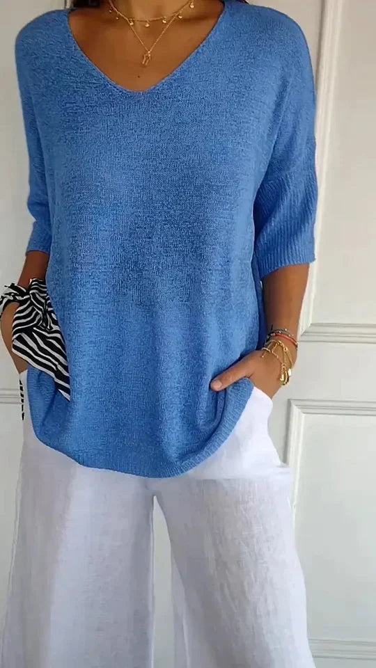 Levoire | Haut En Tricot Pour Femmes Confortable Avec Décolleté En V Bleu