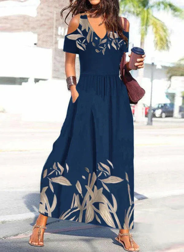 Levoire | robe d'été bleu cobalt plissée à col en V et épaules froides