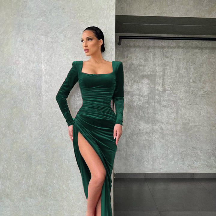 Levoire | Femme Carré-Découpe Taille Haute Fente Mini Robe de Soirée Vert noir Jasper
