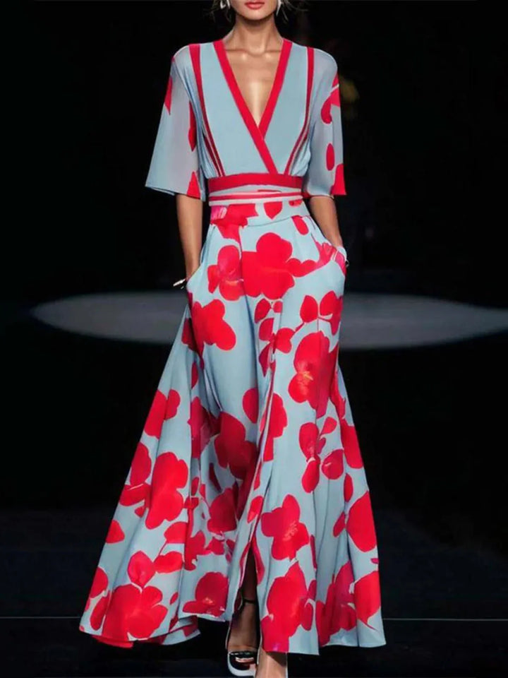 Levoire | Robe avec des manches élégantes Bleu - Rouge
