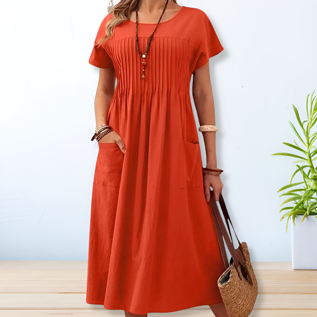 Levoire | Robe Midi À Coupe Décontractée Avec Détails Plissés Pour Femmes Orange