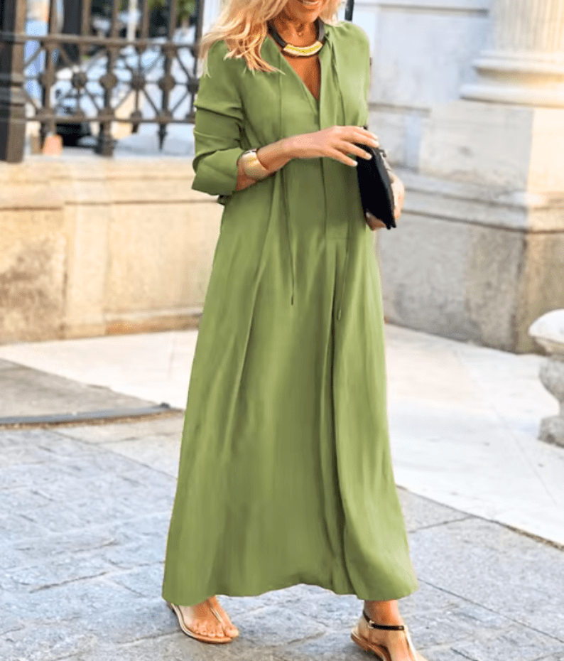 Levoire | Robe Femme Décolleté en V Coton Robe Longue Élégante Vert