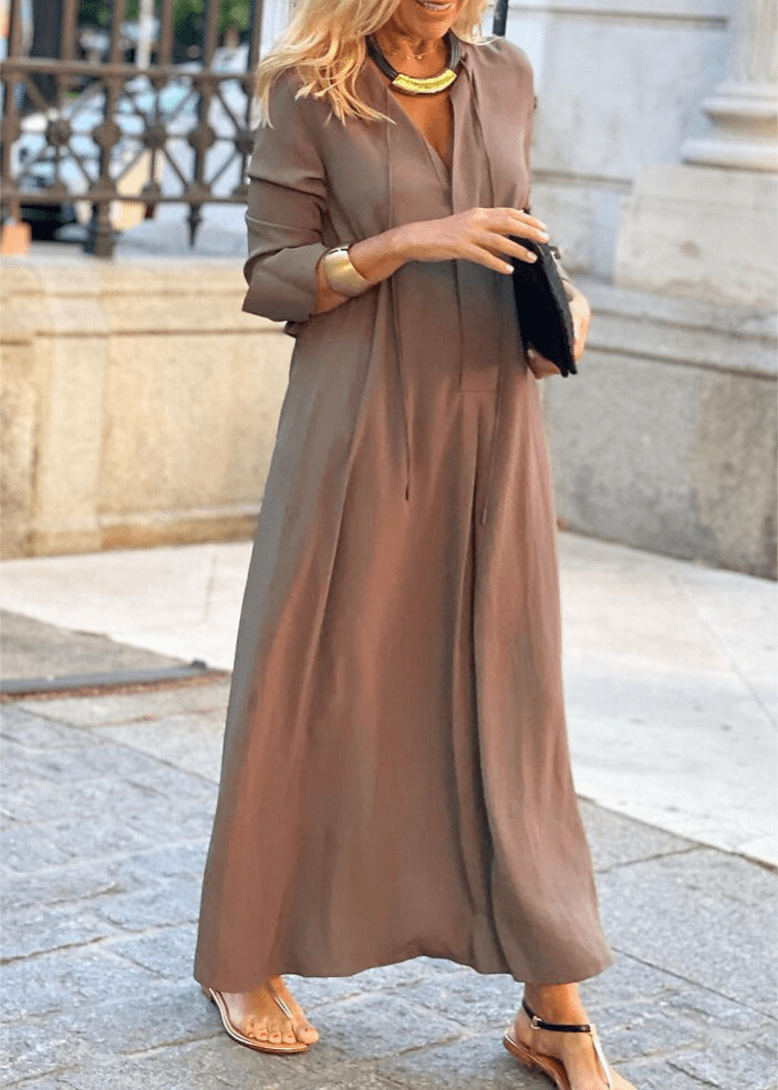 Levoire | Robe Femme Décolleté en V Coton Robe Longue Élégante Braun