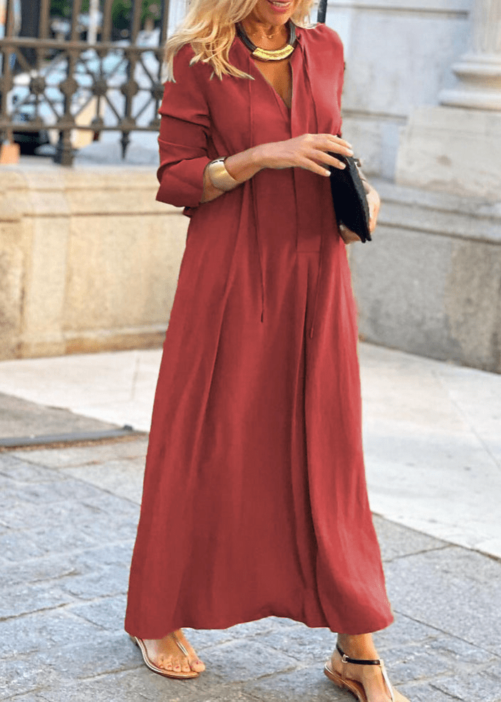 Levoire | Robe Femme Décolleté en V Coton Robe Longue Élégante Rouge de Stein