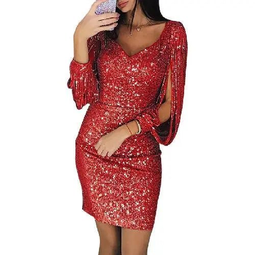 Levoire | Élégante Robe Midi Paillettes Pour Femmes Glamour, Cintrée & Élégante Rot