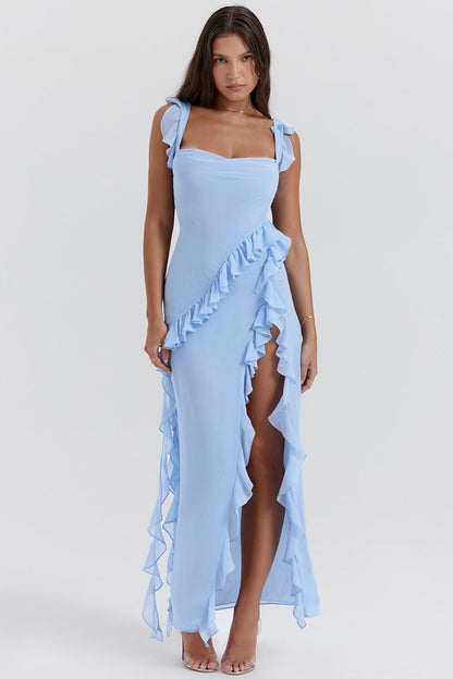 Levoire | Longue Robe Élégante Avec Volants Bleu clair
