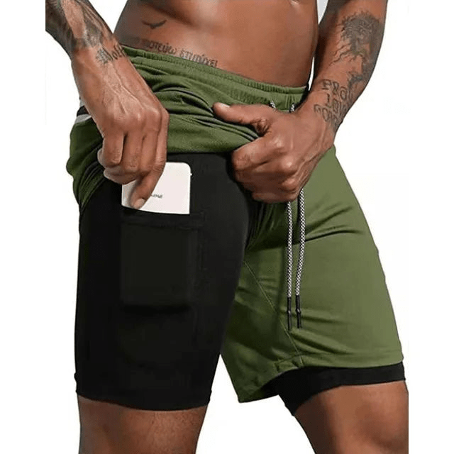 Levoire | Shorts de course pour hommes Pantalon court avec double couche Vert olive Noir