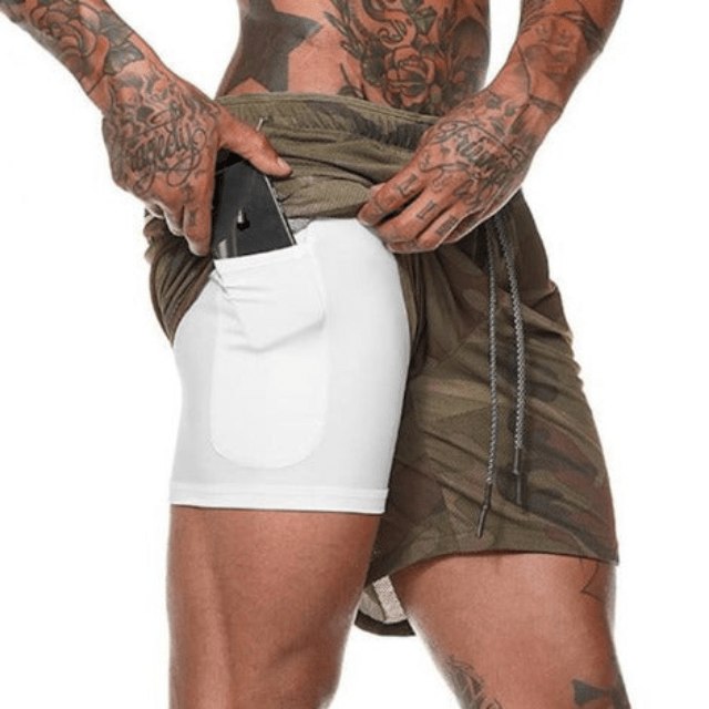 Levoire | Shorts de course pour hommes Pantalon court avec double couche Camouflage vert Blanc