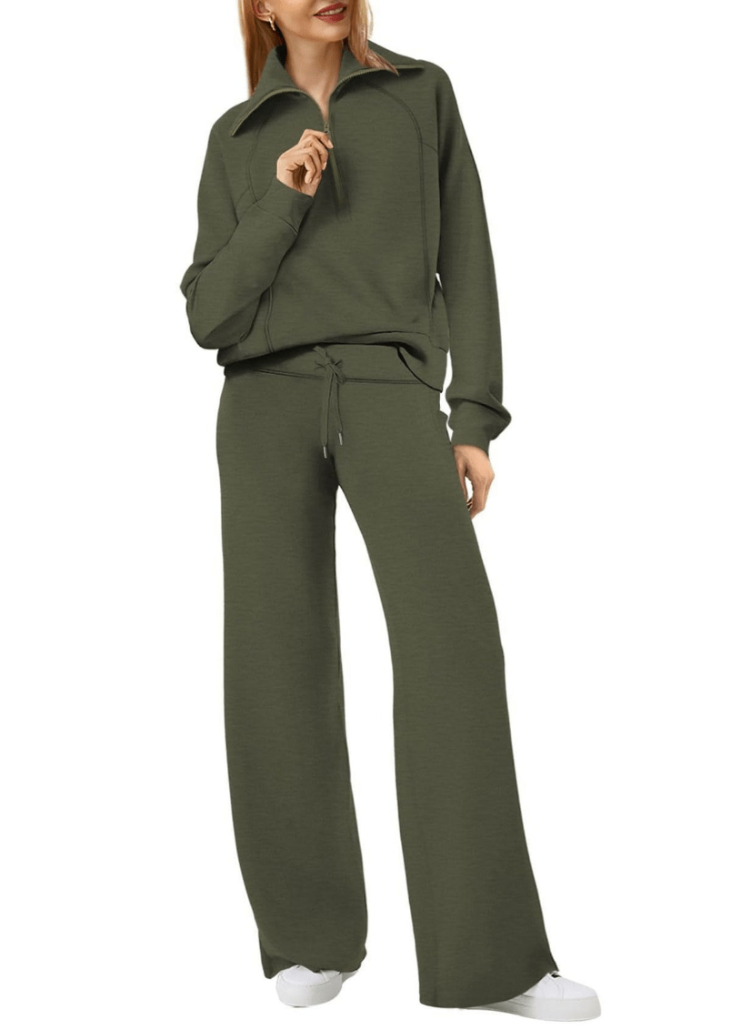 Levoire | Zip & Relax Ensemble Femme Deux Pièces Avec Manches Longues Confortable vert olive